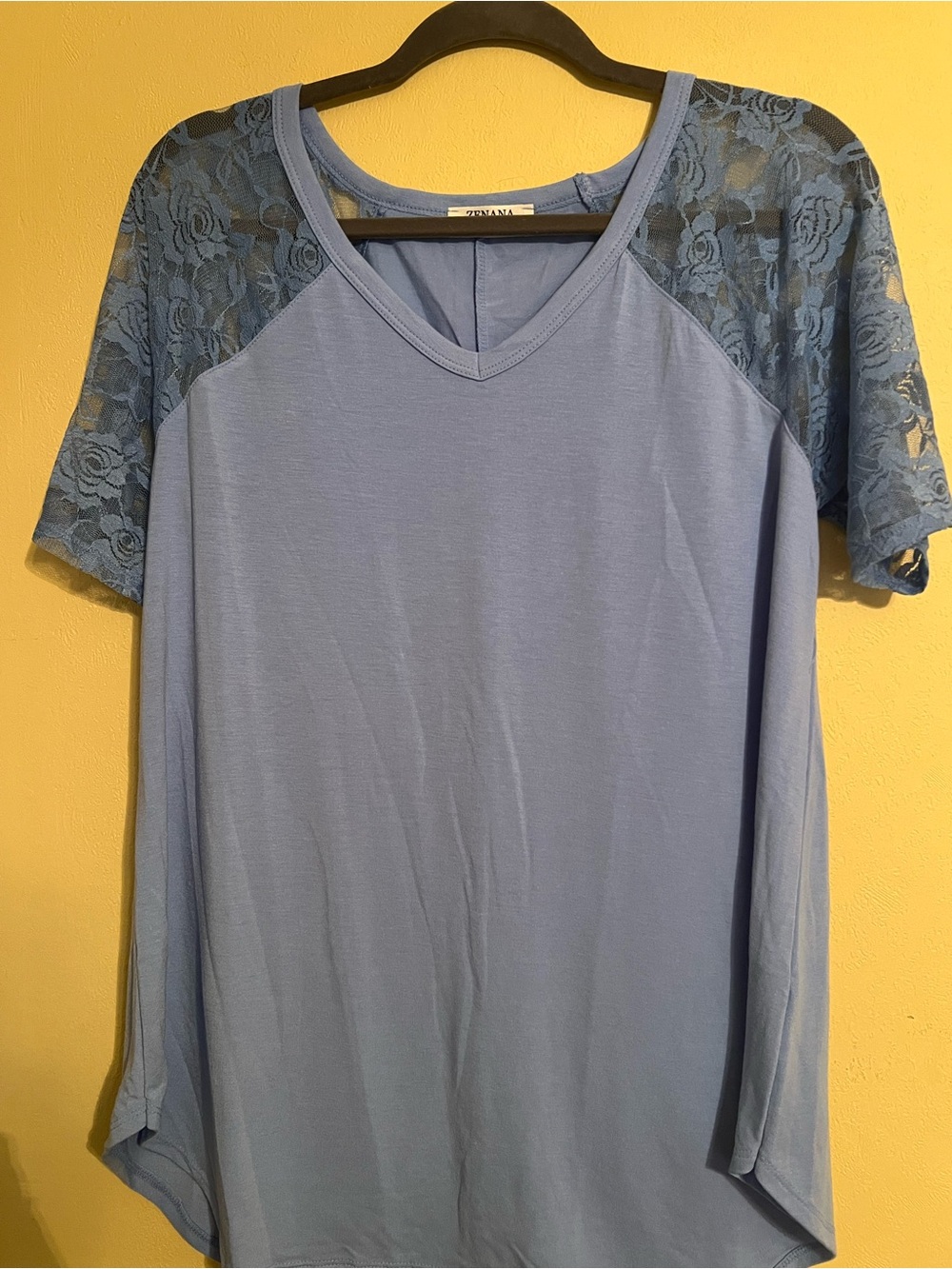 Zenana Outfitters Dusty Blue V-Neck Tee with Lace Raglan Sleeves
